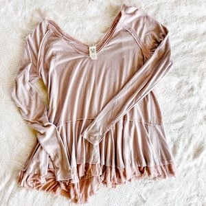 Free People baby pink ruffle long sleeve tee. Size Small.